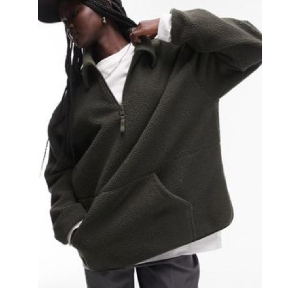 Topshop Oversize Half Zip Textured Fleece Pullover, Dark Green, Size XS